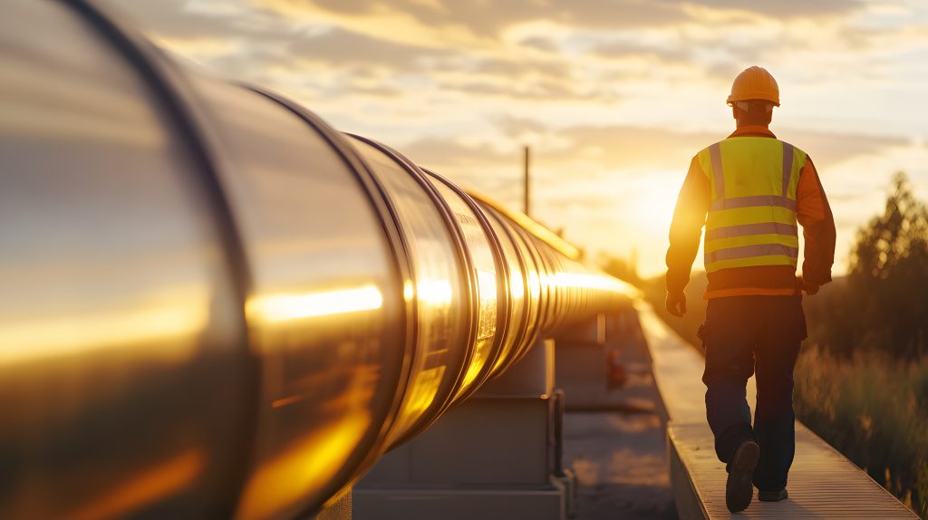 Monteur links neben Pipeline im Sonnenuntergang